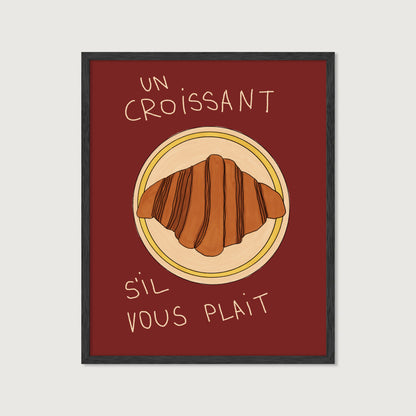 hand-drawn croissant on plate dark red background French cafe style art print