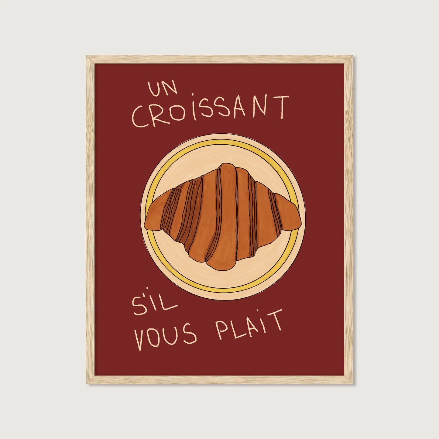 hand-drawn croissant on plate dark red background French cafe style art print