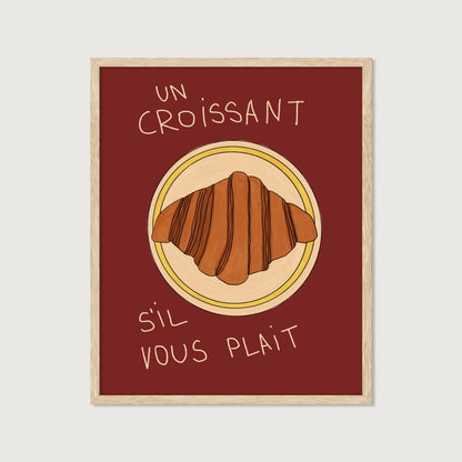 hand-drawn croissant on plate dark red background French cafe style art print