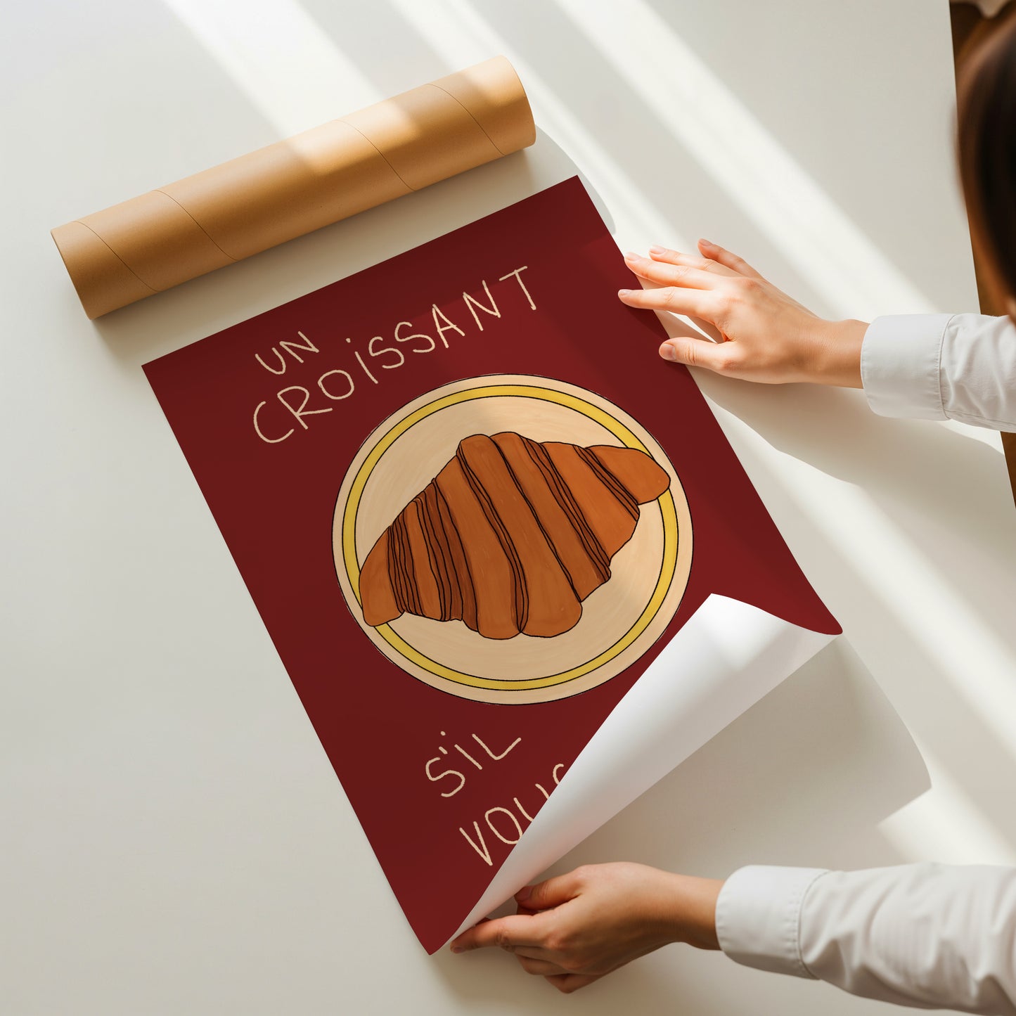 hand-drawn croissant on plate dark red background French cafe style art print