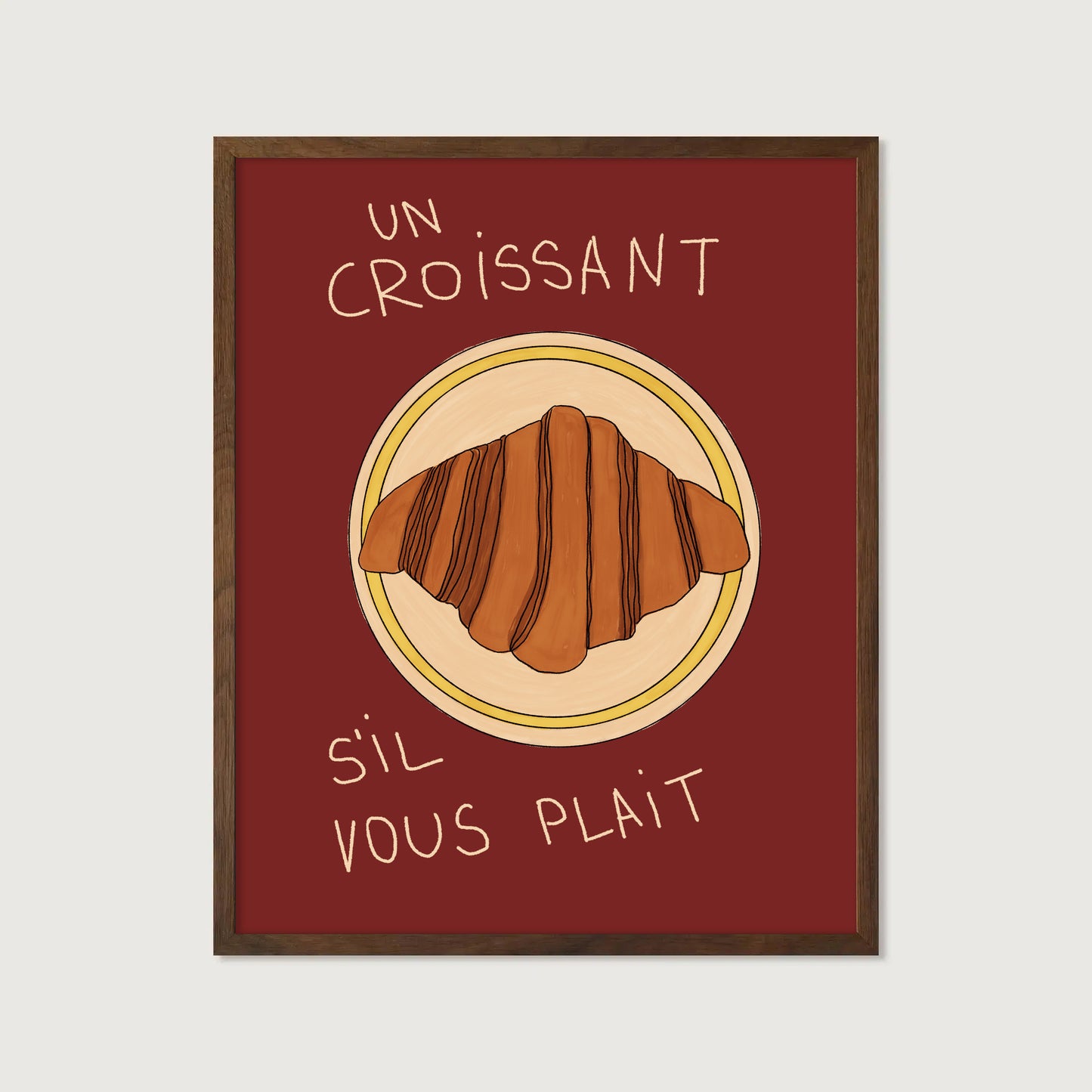 hand-drawn croissant on plate dark red background French cafe style art print