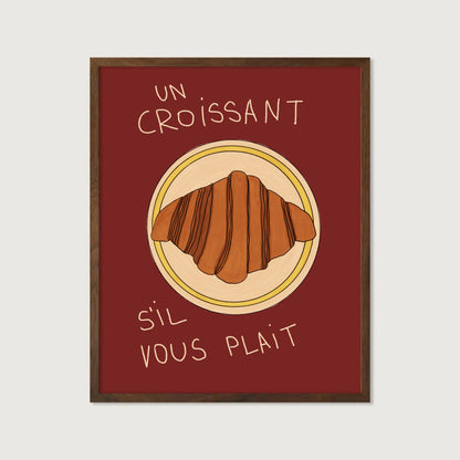hand-drawn croissant on plate dark red background French cafe style art print