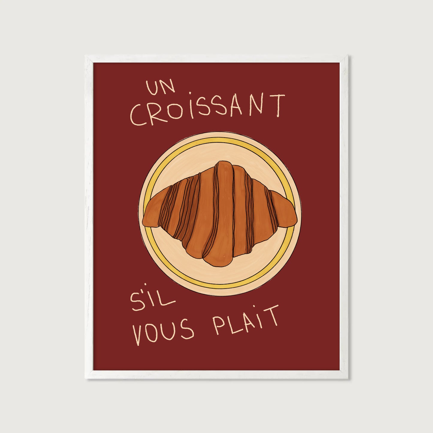 hand-drawn croissant on plate dark red background French cafe style art print