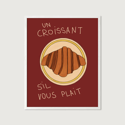 hand-drawn croissant on plate dark red background French cafe style art print