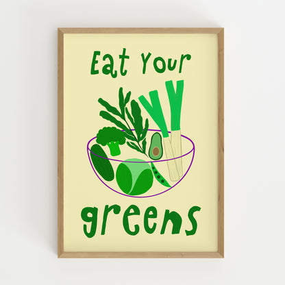 hand-drawn bowl green vegetables broccoli avocado leek cucumber yellow background eat your greens art print