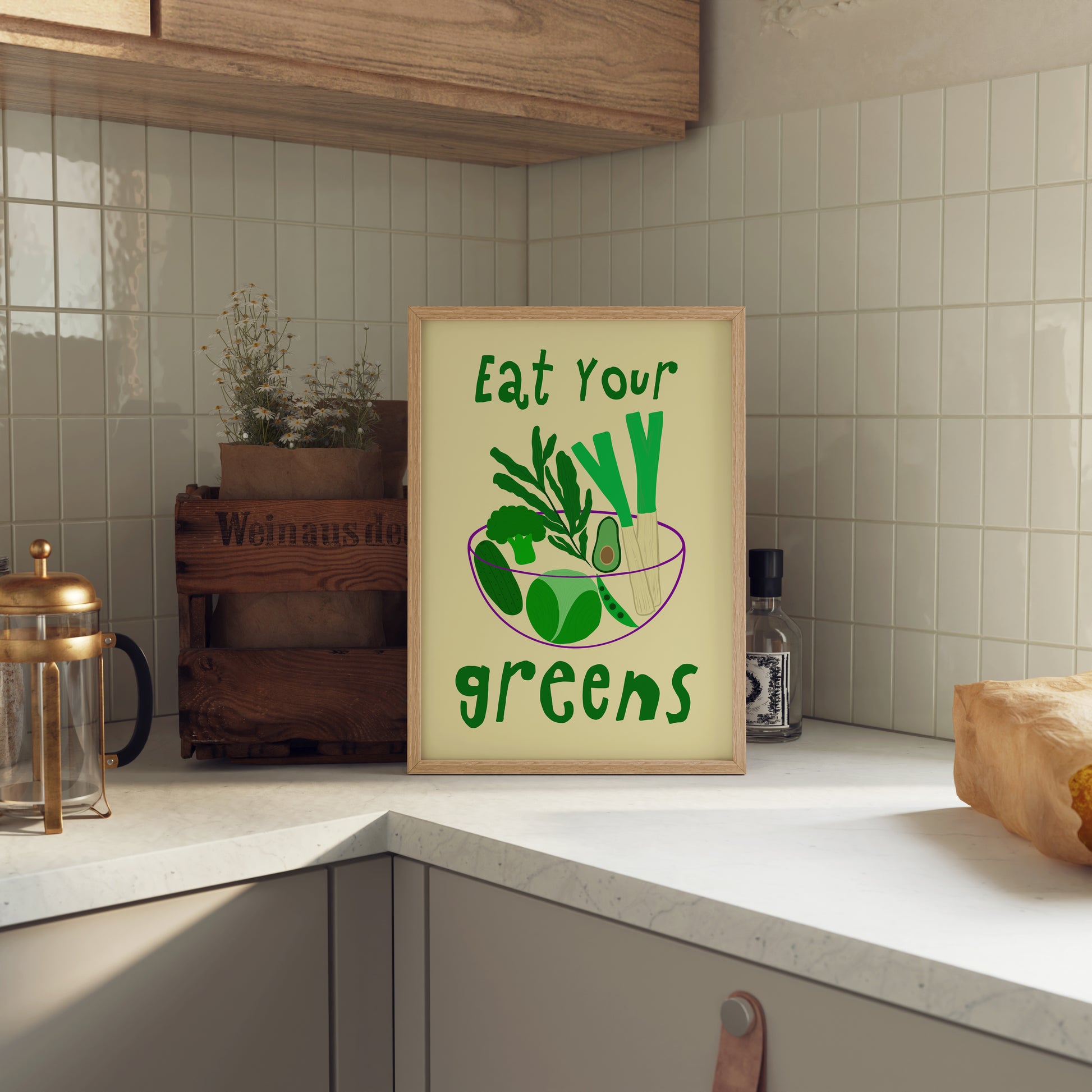 hand-drawn bowl green vegetables broccoli avocado leek cucumber yellow background eat your greens art print