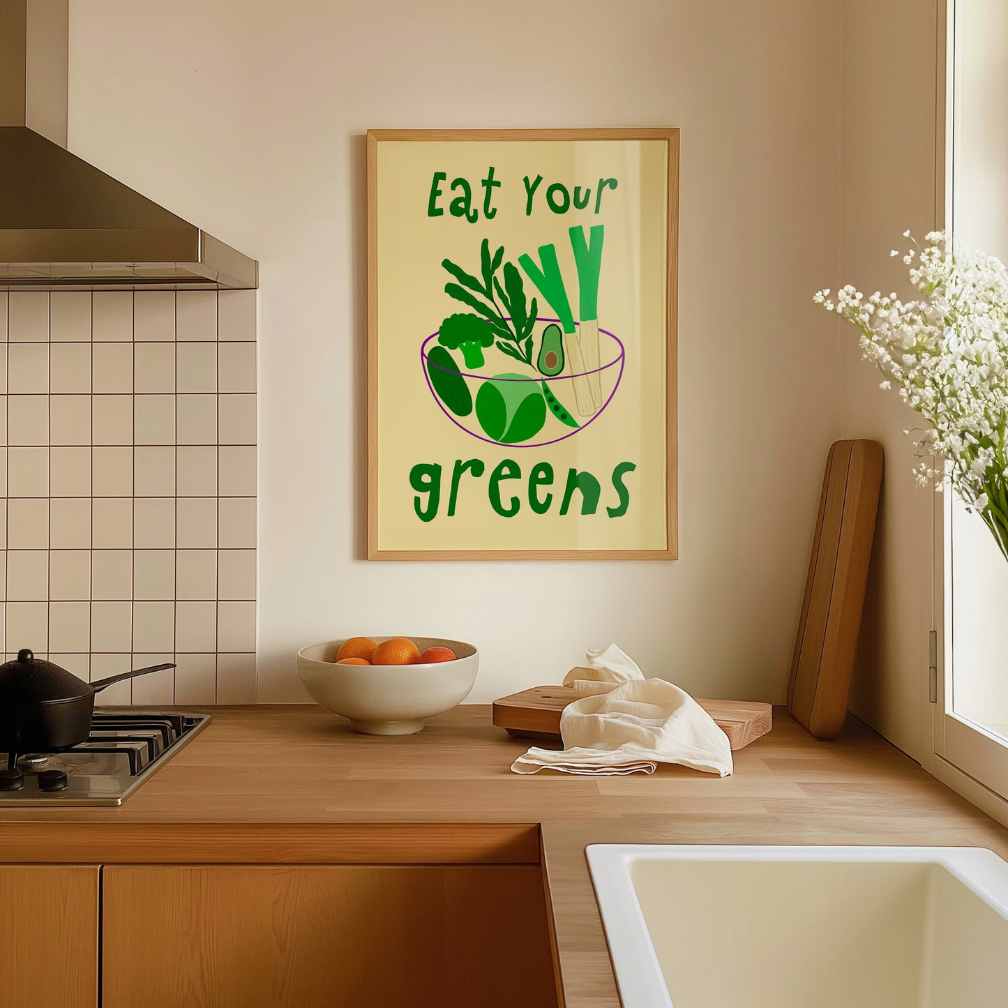 hand-drawn bowl green vegetables broccoli avocado leek cucumber yellow background eat your greens art print