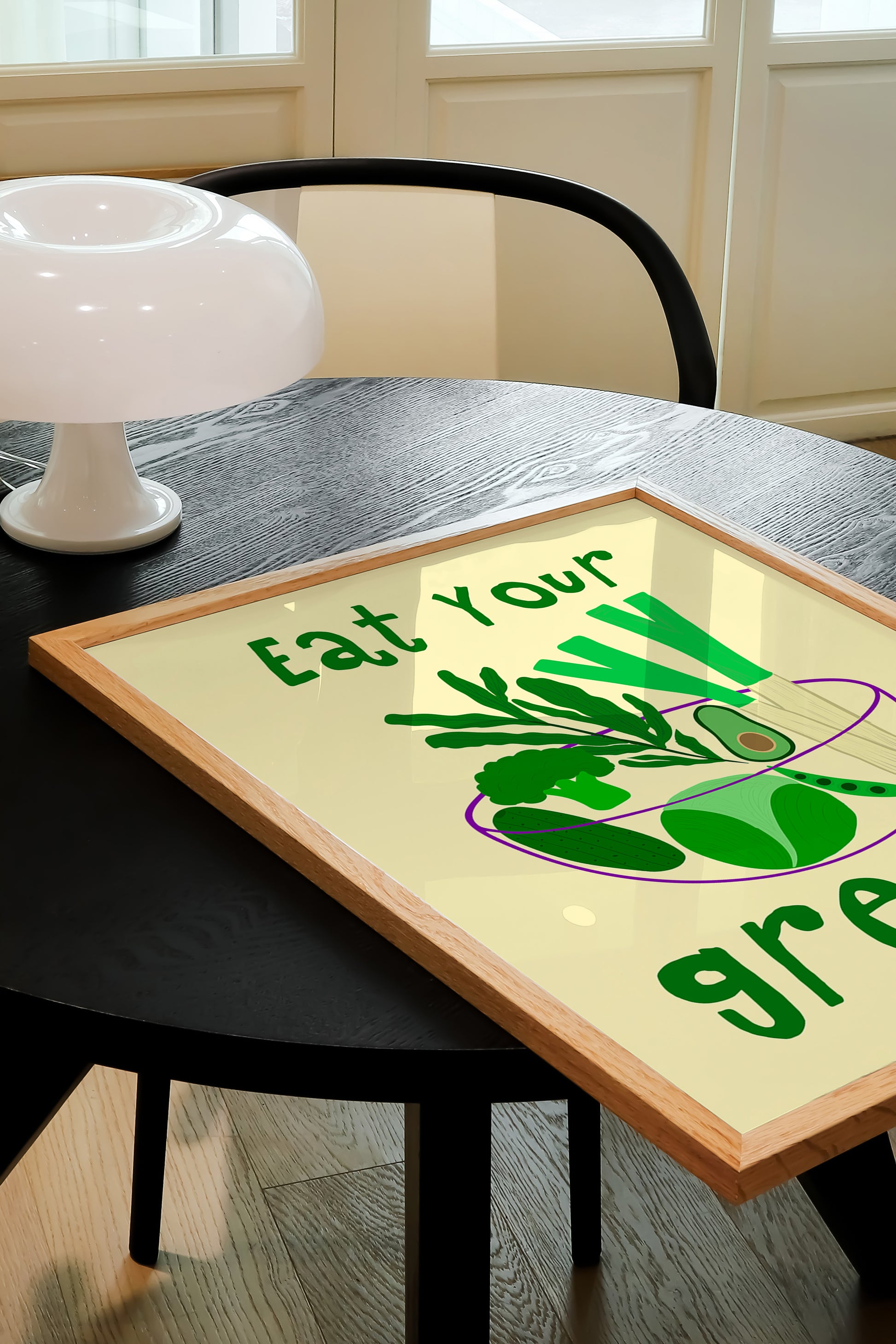 hand-drawn bowl green vegetables broccoli avocado leek cucumber yellow background eat your greens art print