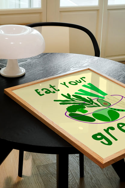 hand-drawn bowl green vegetables broccoli avocado leek cucumber yellow background eat your greens art print