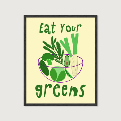 hand-drawn bowl green vegetables broccoli avocado leek cucumber yellow background eat your greens art print