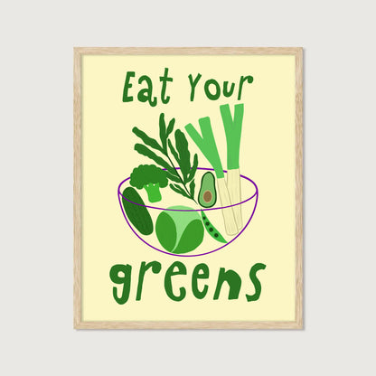 hand-drawn bowl green vegetables broccoli avocado leek cucumber yellow background eat your greens art print