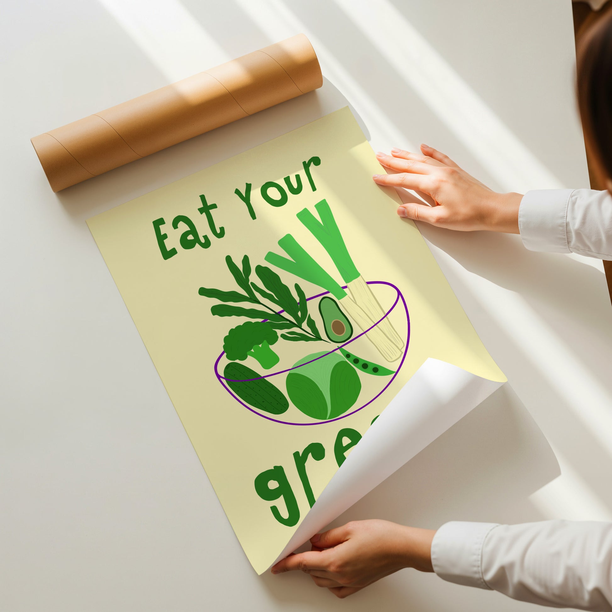 hand-drawn bowl green vegetables broccoli avocado leek cucumber yellow background eat your greens art print