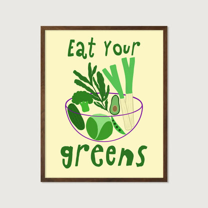 hand-drawn bowl green vegetables broccoli avocado leek cucumber yellow background eat your greens art print