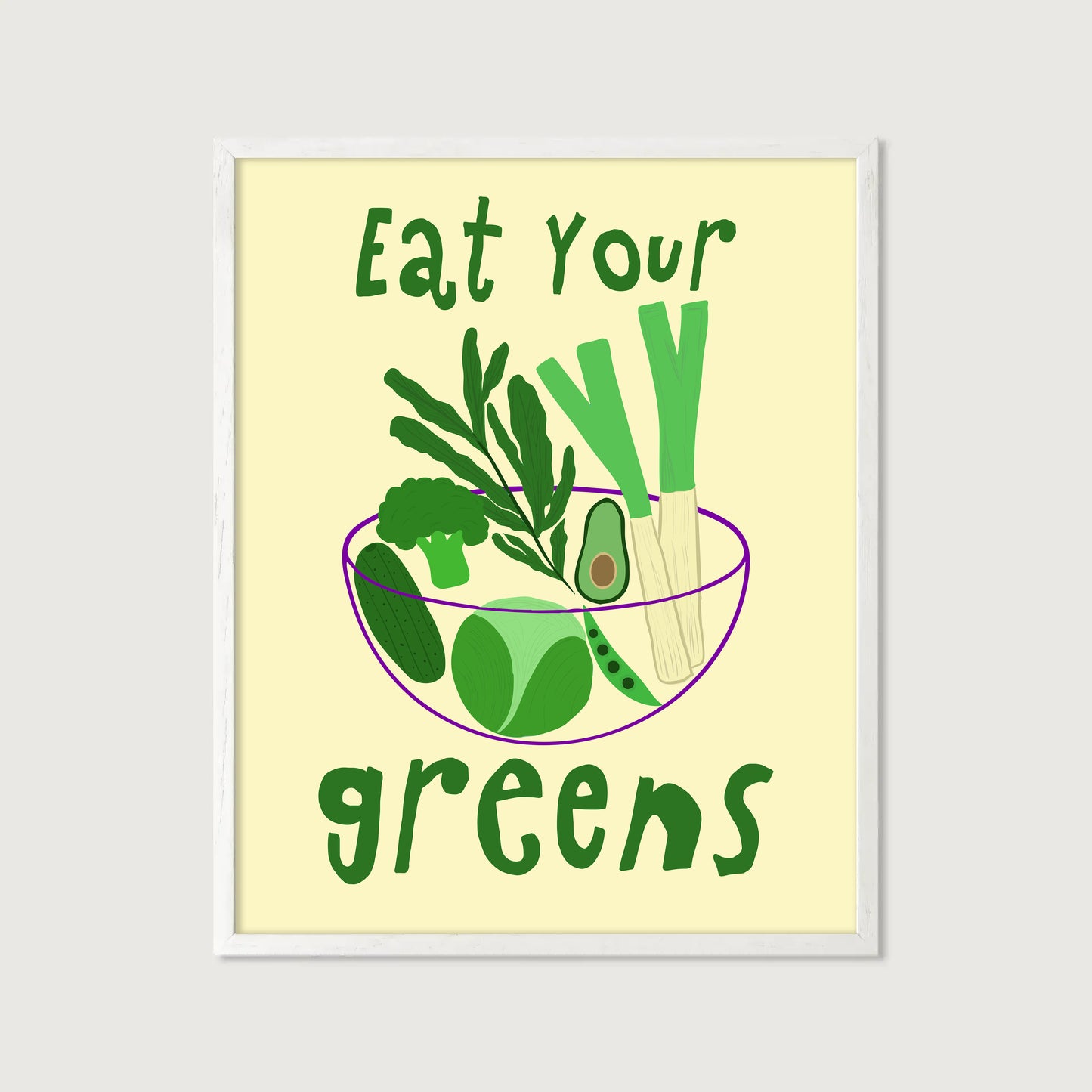 hand-drawn bowl green vegetables broccoli avocado leek cucumber yellow background eat your greens art print