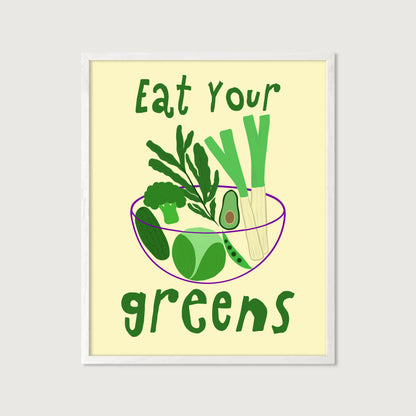 hand-drawn bowl green vegetables broccoli avocado leek cucumber yellow background eat your greens art print