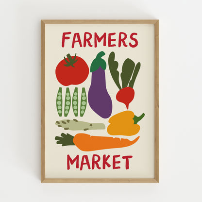 hand-drawn colorful vegetables tomato aubergine carrot pepper peas cream background farmers market art print