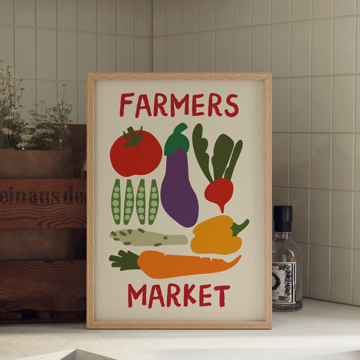 hand-drawn colorful vegetables tomato aubergine carrot pepper peas cream background farmers market art print