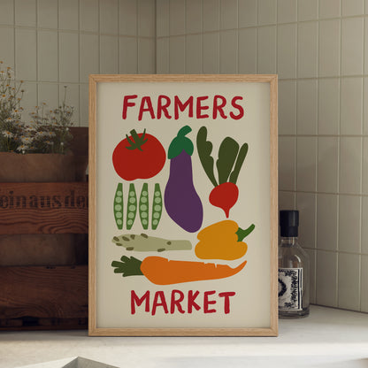 hand-drawn colorful vegetables tomato aubergine carrot pepper peas cream background farmers market art print