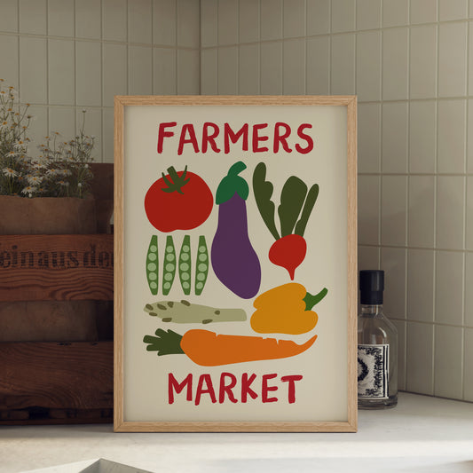 hand-drawn colorful vegetables tomato aubergine carrot pepper peas cream background farmers market art print