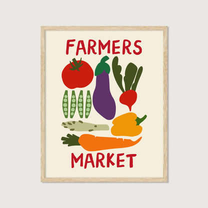 hand-drawn colorful vegetables tomato aubergine carrot pepper peas cream background farmers market art print