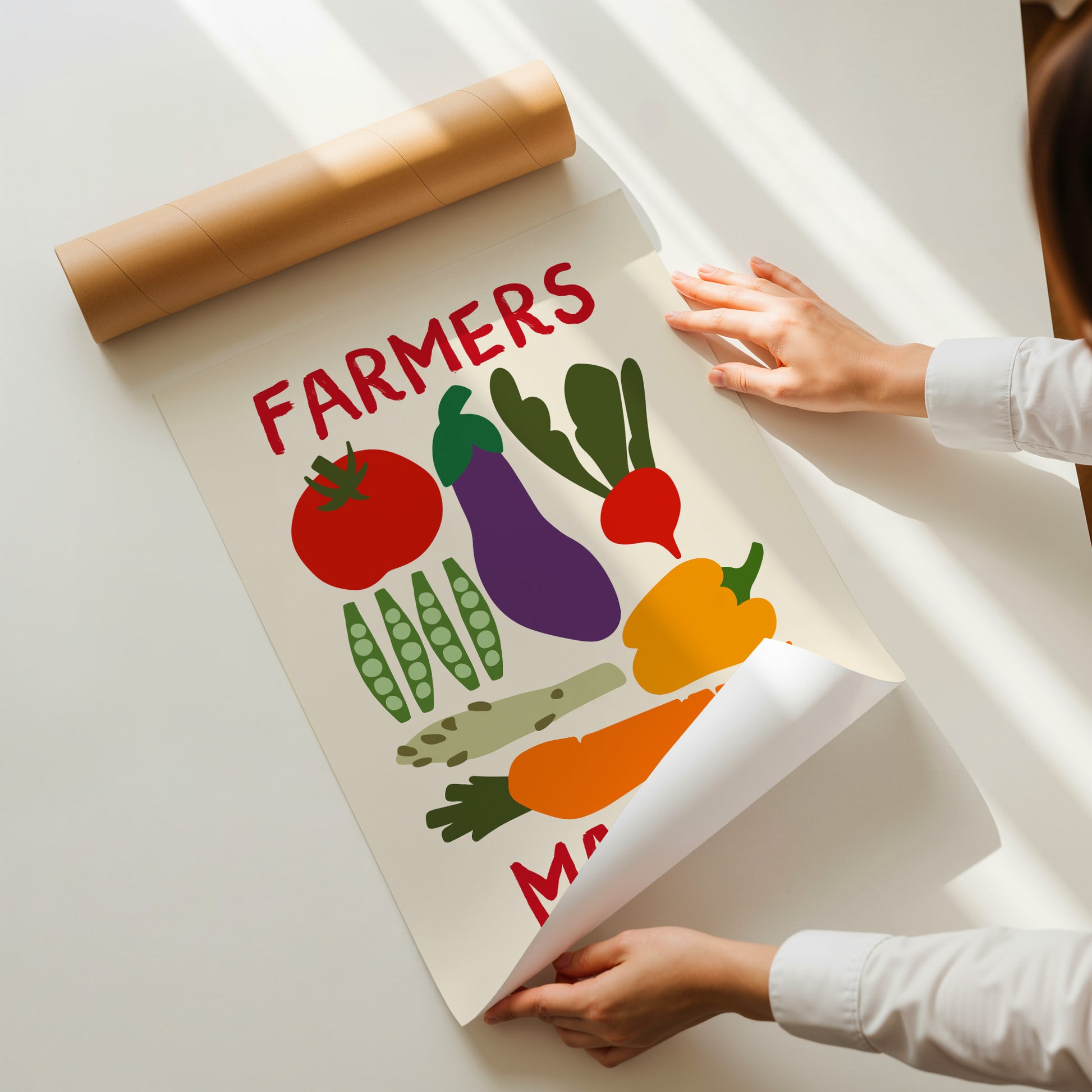 hand-drawn colorful vegetables tomato aubergine carrot pepper peas cream background farmers market art print