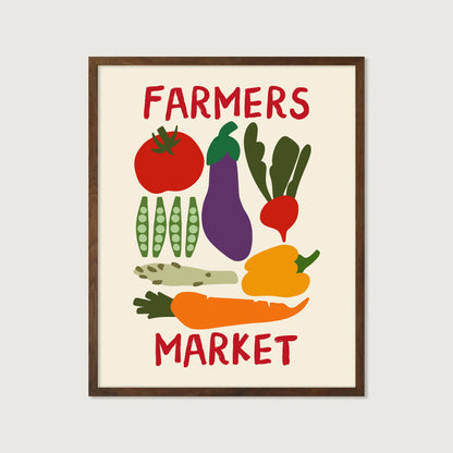 hand-drawn colorful vegetables tomato aubergine carrot pepper peas cream background farmers market art print