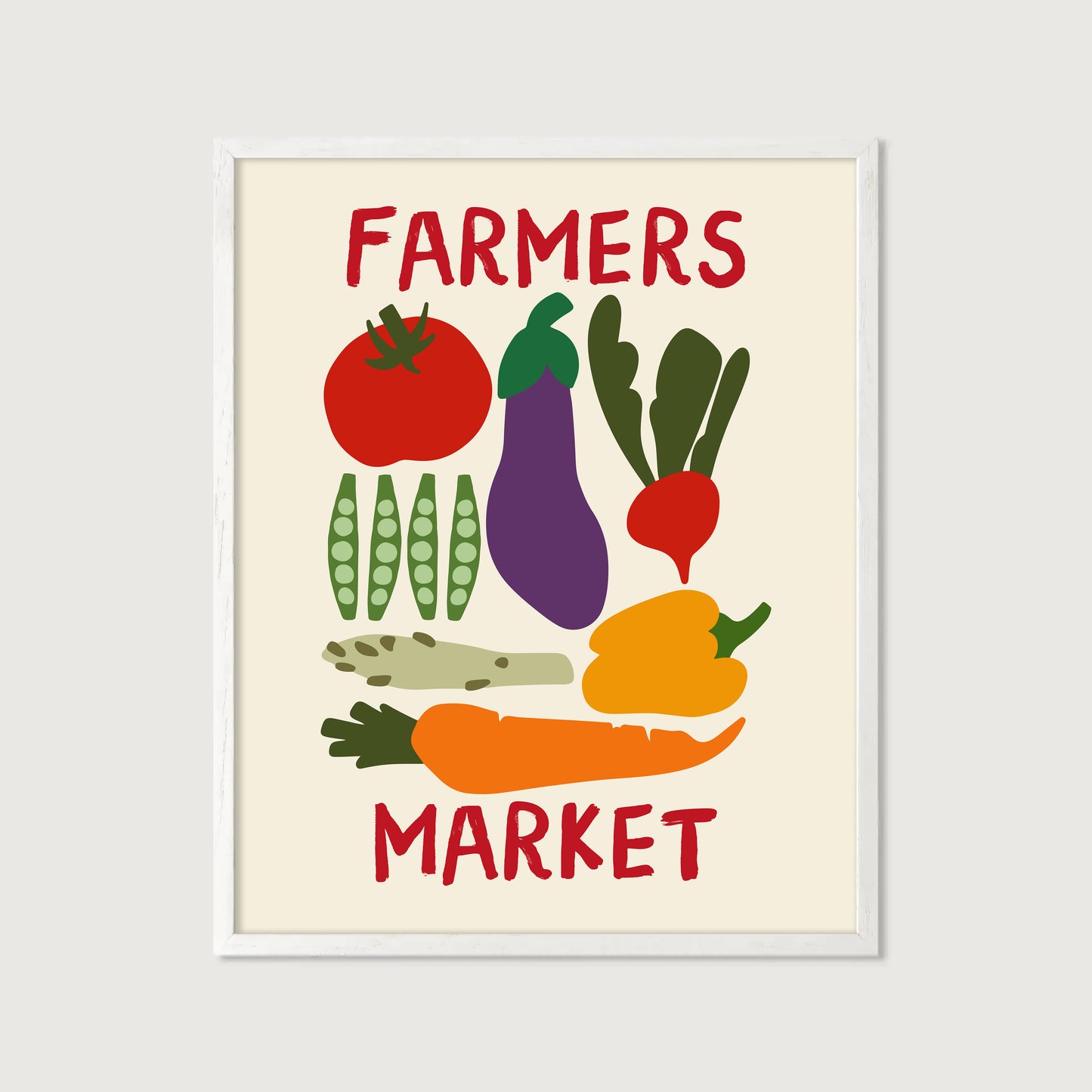 hand-drawn colorful vegetables tomato aubergine carrot pepper peas cream background farmers market art print