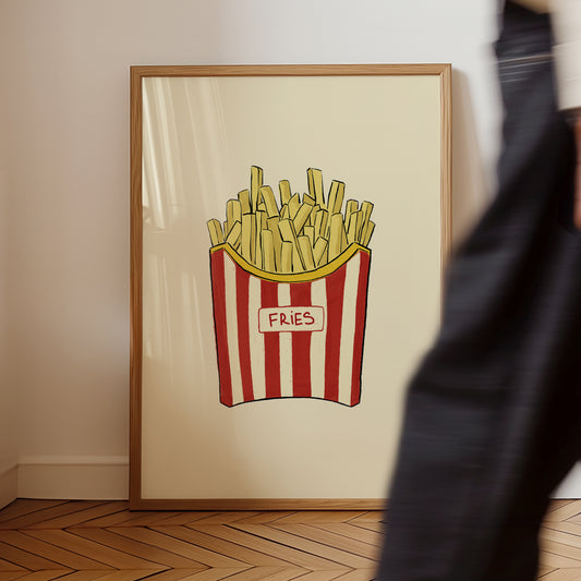 hand-drawn french fries red white striped carton cream background food art print
