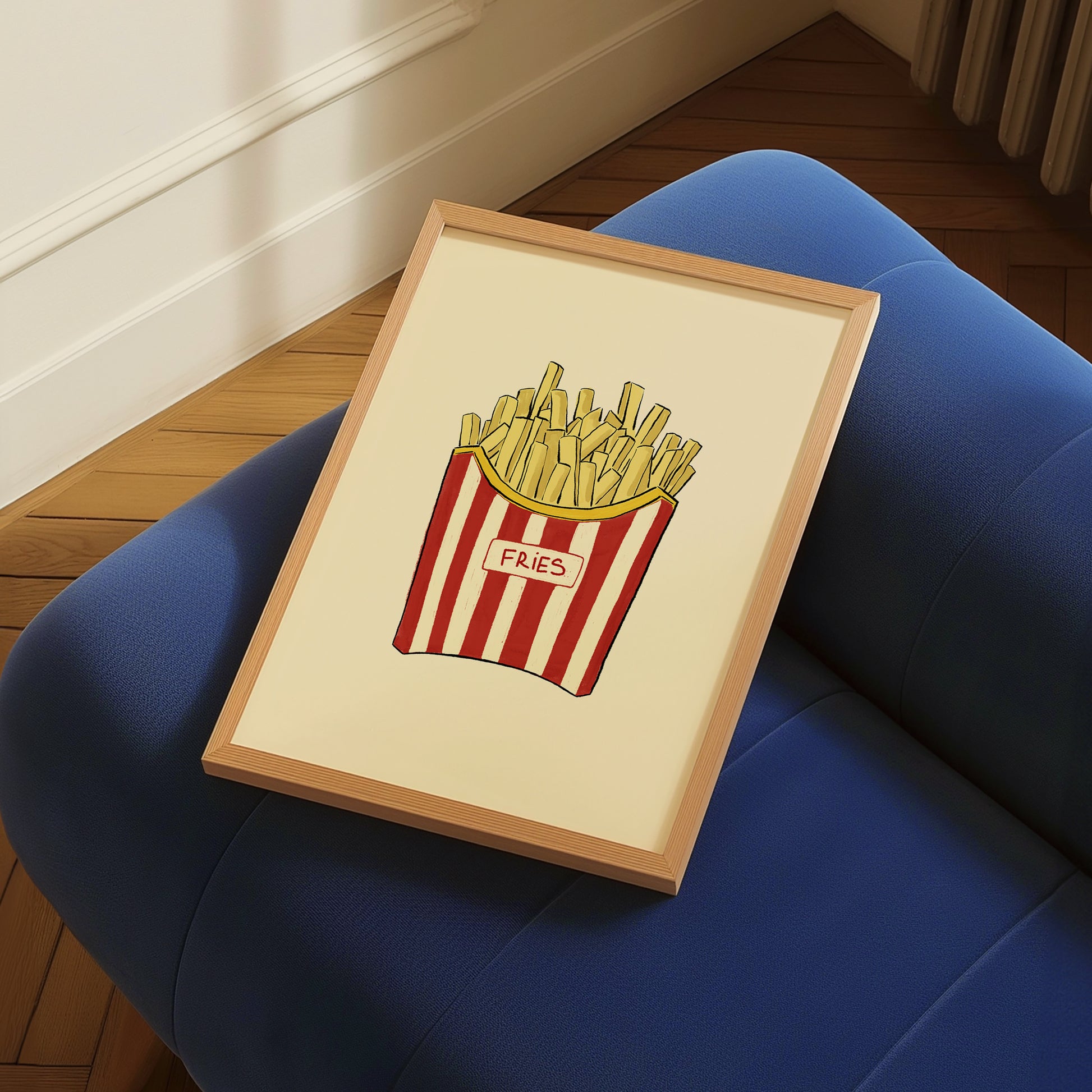 hand-drawn french fries red white striped carton cream background food art print