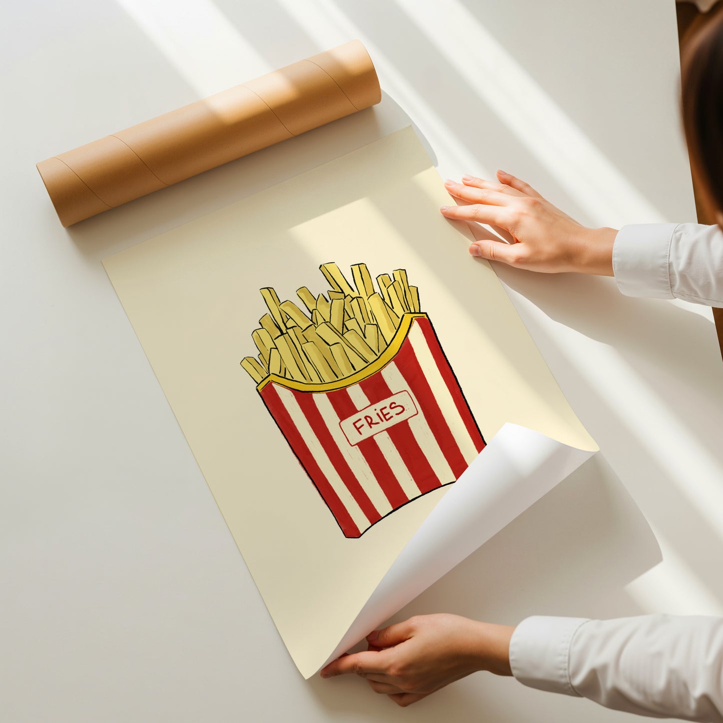 hand-drawn french fries red white striped carton cream background food art print
