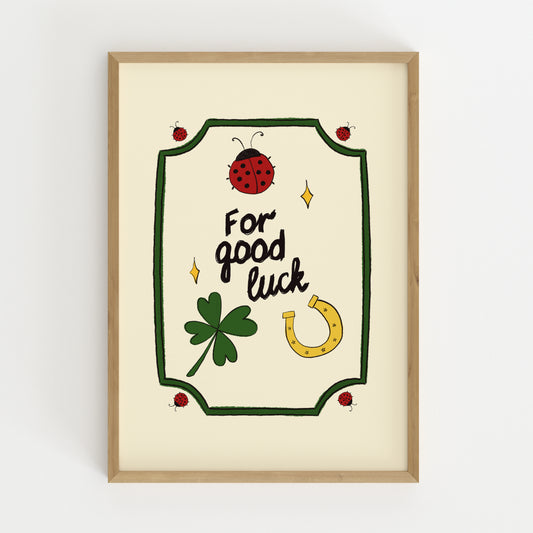 hand-drawn ladybug clover horseshoe good luck illustration green frame cream background art print