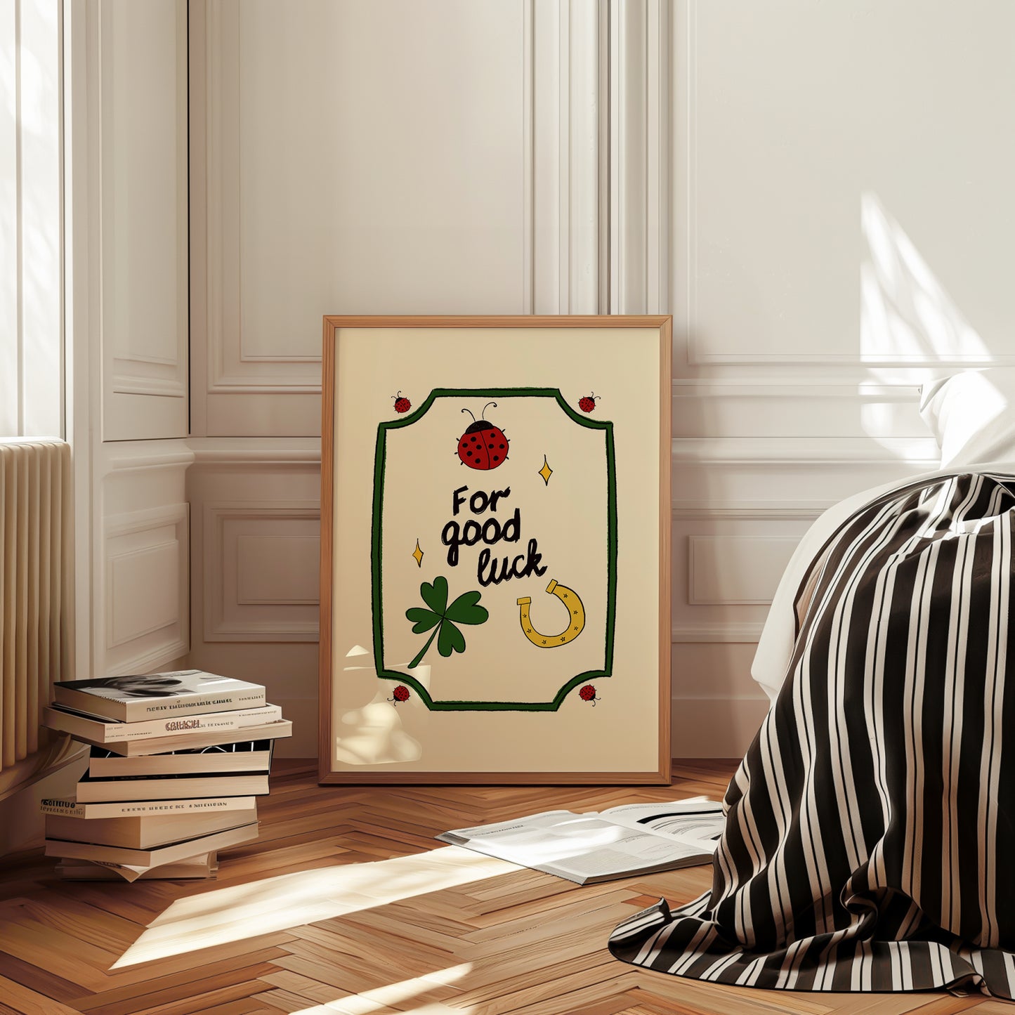 hand-drawn ladybug clover horseshoe good luck illustration green frame cream background art print