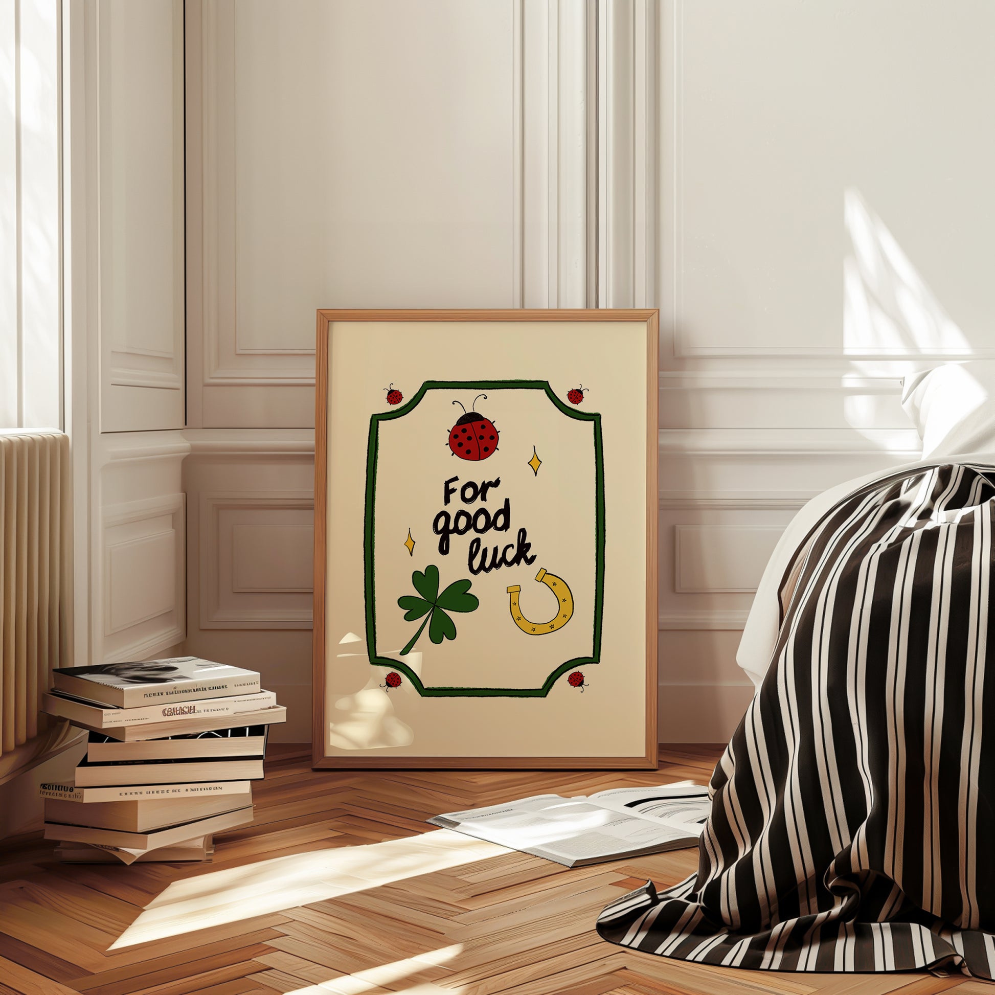 hand-drawn ladybug clover horseshoe good luck illustration green frame cream background art print