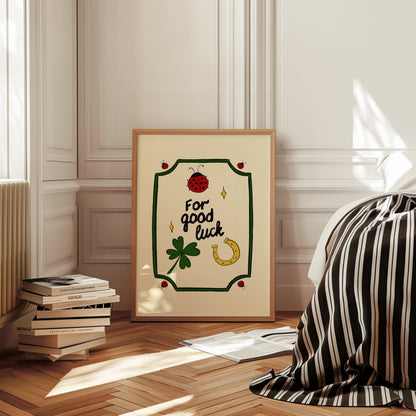 hand-drawn ladybug clover horseshoe good luck illustration green frame cream background art print