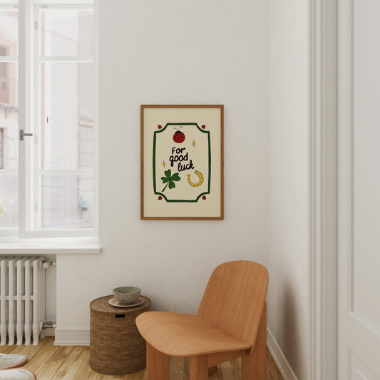 hand-drawn ladybug clover horseshoe good luck illustration green frame cream background art print
