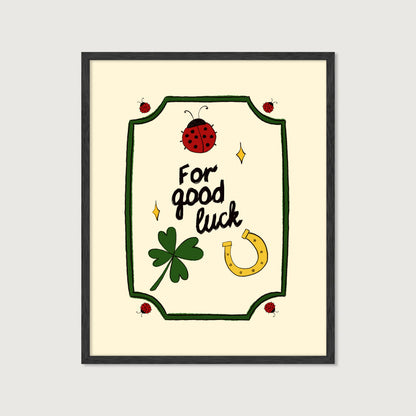 hand-drawn ladybug clover horseshoe good luck illustration green frame cream background art print
