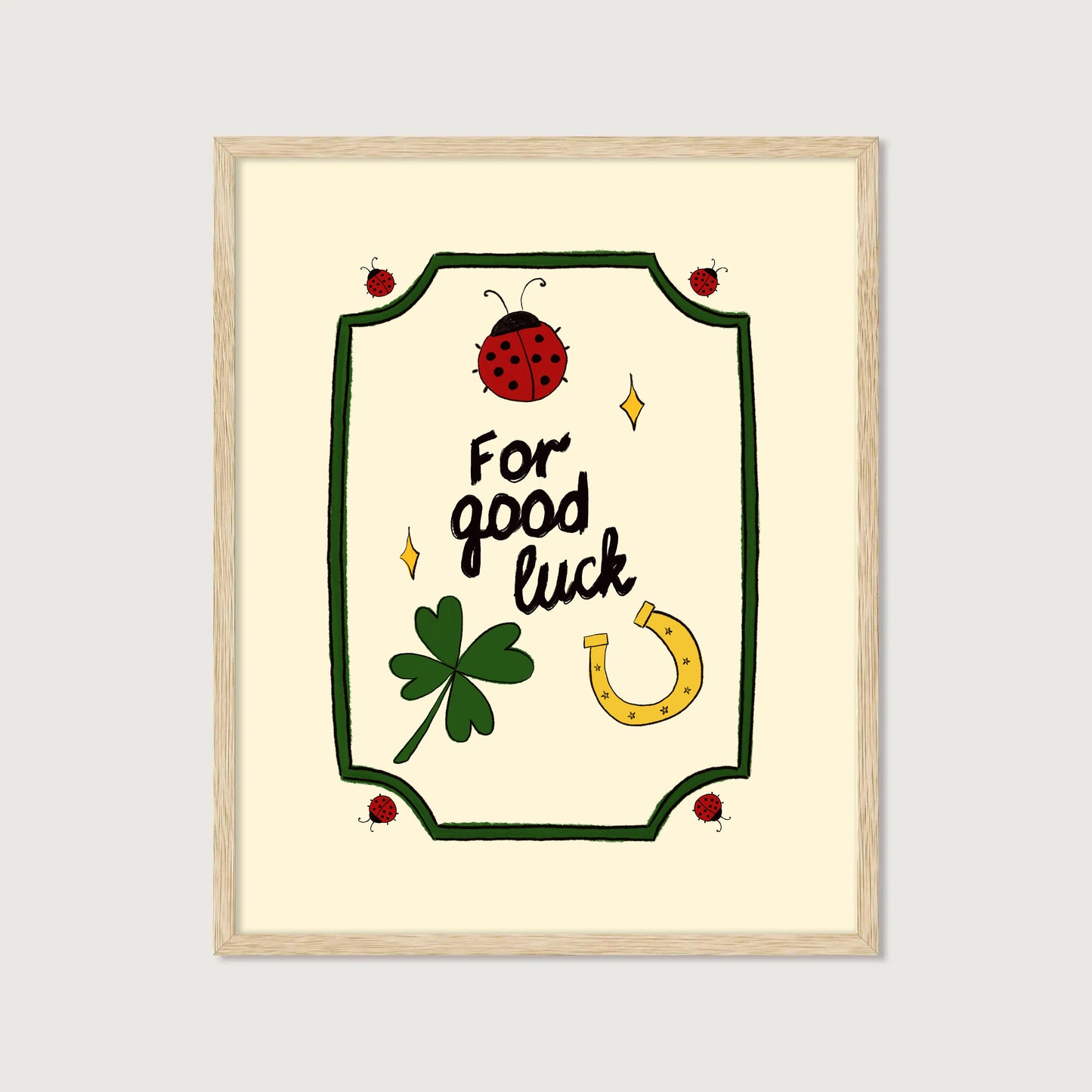 hand-drawn ladybug clover horseshoe good luck illustration green frame cream background art print