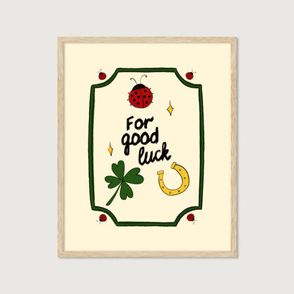 hand-drawn ladybug clover horseshoe good luck illustration green frame cream background art print