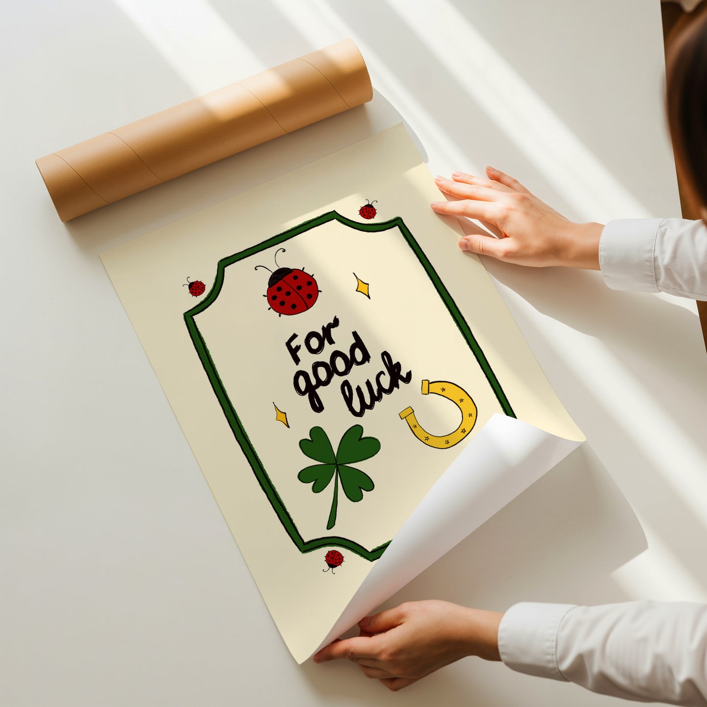hand-drawn ladybug clover horseshoe good luck illustration green frame cream background art print