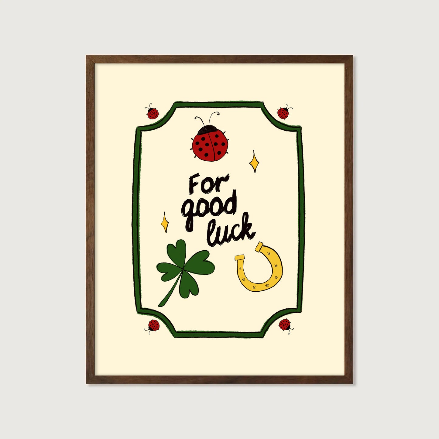 hand-drawn ladybug clover horseshoe good luck illustration green frame cream background art print