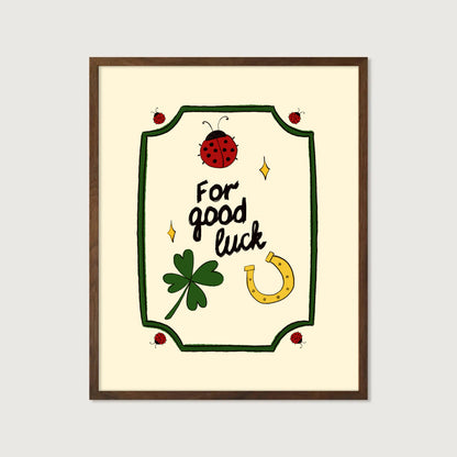 hand-drawn ladybug clover horseshoe good luck illustration green frame cream background art print
