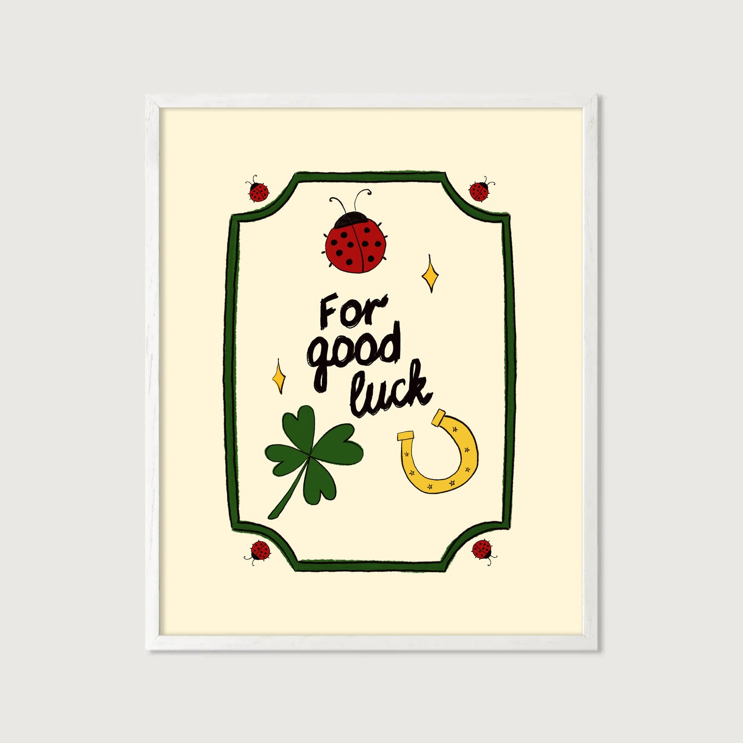 hand-drawn ladybug clover horseshoe good luck illustration green frame cream background art print