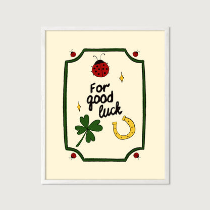 hand-drawn ladybug clover horseshoe good luck illustration green frame cream background art print