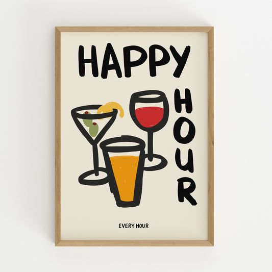 hand-drawn martini wine glass beer happy hour every hour bold lettering cream background art print