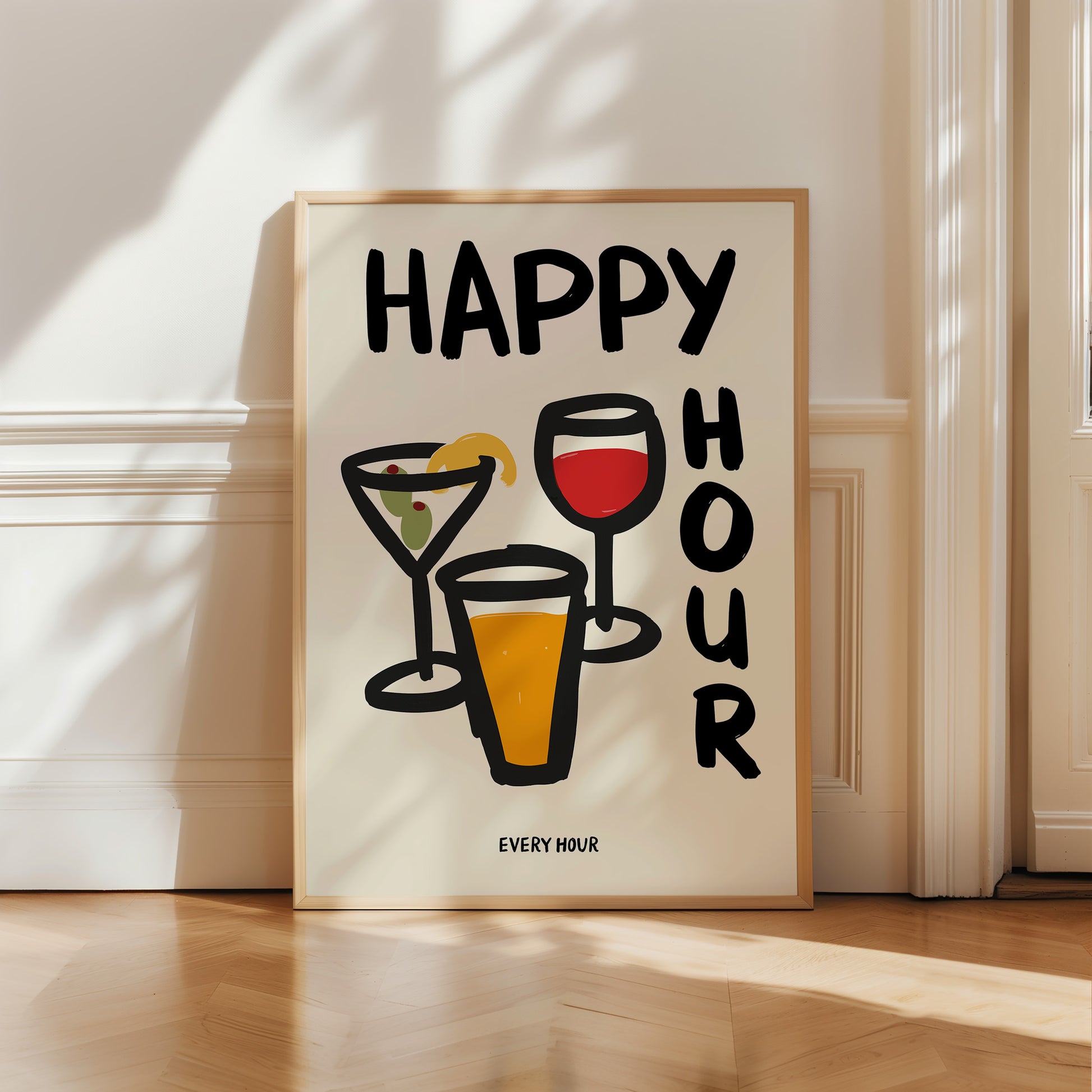 hand-drawn martini wine glass beer happy hour every hour bold lettering cream background art print