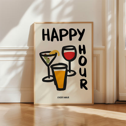 hand-drawn martini wine glass beer happy hour every hour bold lettering cream background art print