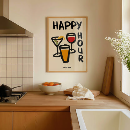 hand-drawn martini wine glass beer happy hour every hour bold lettering cream background art print