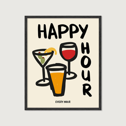 hand-drawn martini wine glass beer happy hour every hour bold lettering cream background art print