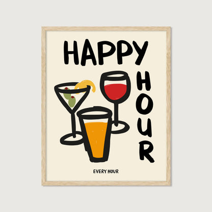 hand-drawn martini wine glass beer happy hour every hour bold lettering cream background art print