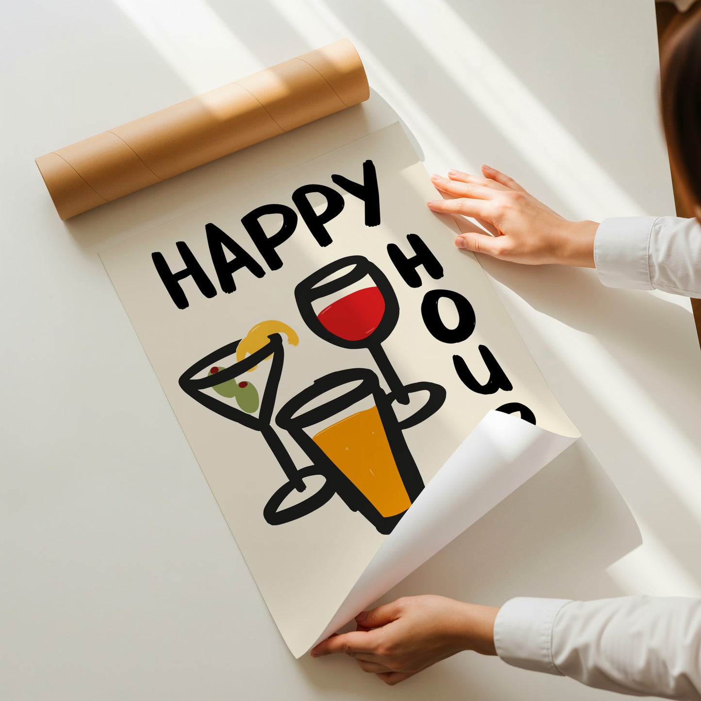 hand-drawn martini wine glass beer happy hour every hour bold lettering cream background art print